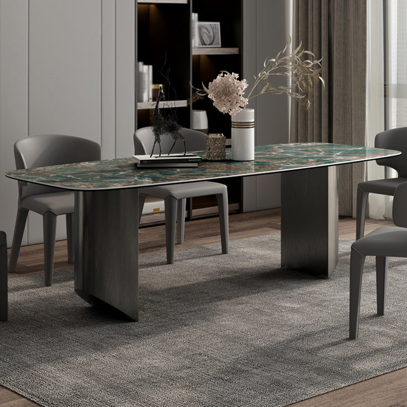 Sintered Stone Modern Rectangle Dining Table Green Stone Top Table with Metal Double Pedestal