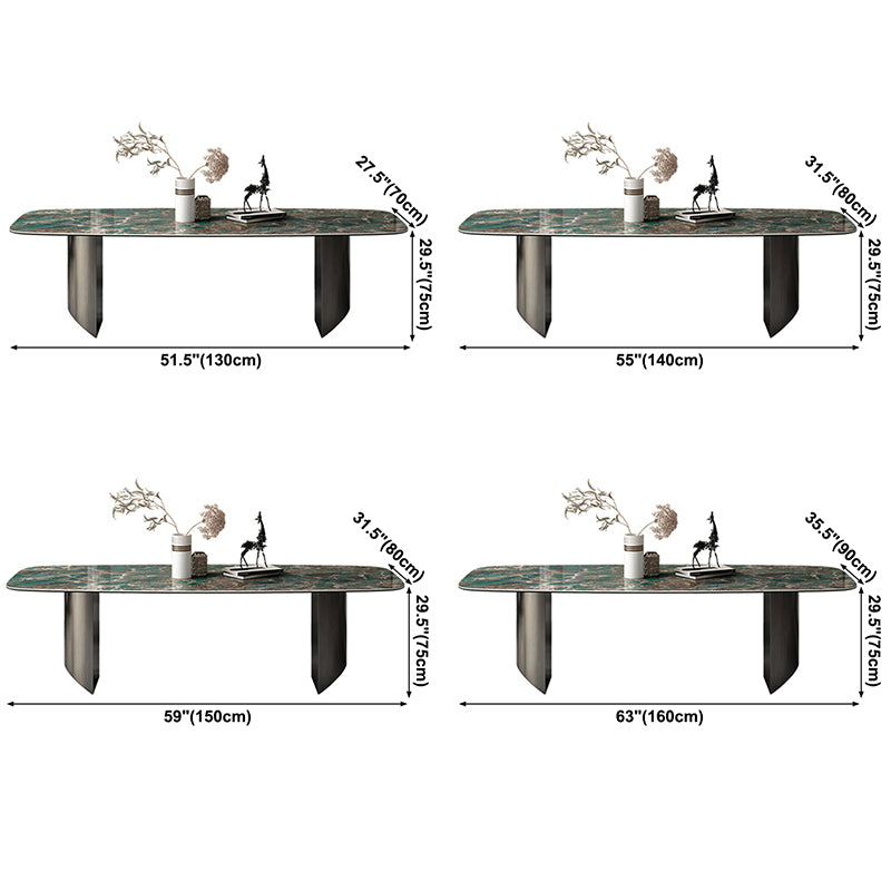 Sintered Stone Modern Rectangle Dining Table Green Stone Top Table with Metal Double Pedestal