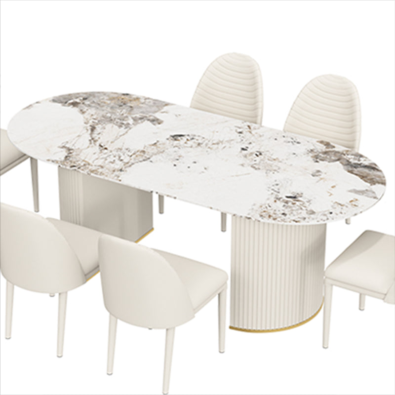 Oval Sintered Stone White Tone Dining Table Simplicity Double Pedestal Table for Dining Room