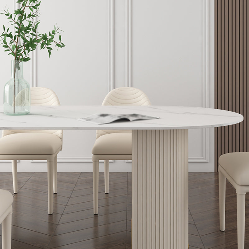 Oval Sintered Stone White Tone Dining Table Simplicity Double Pedestal Table for Dining Room