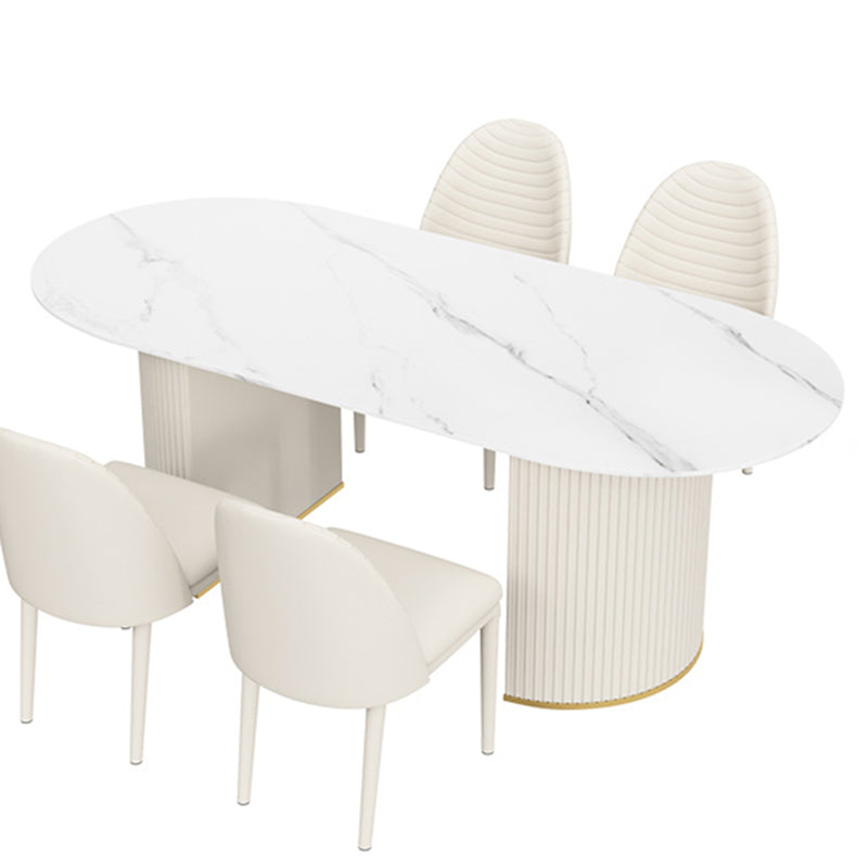 Oval Sintered Stone White Tone Dining Table Simplicity Double Pedestal Table for Dining Room