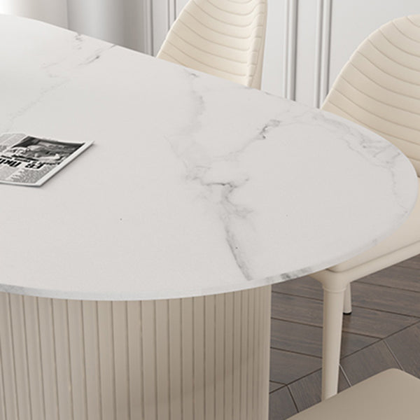 Oval Sintered Stone White Tone Dining Table Simplicity Double Pedestal Table for Dining Room