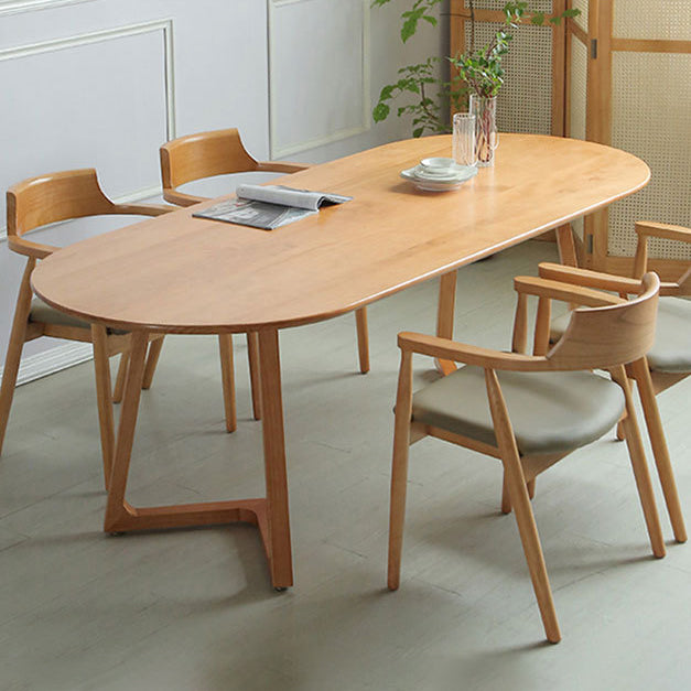 Table en bois massif de pin ovale Table à manger à double piédestal moderne avec base en bois