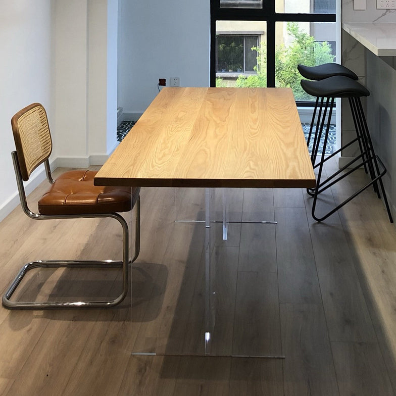 Rectangle Solid Wood Brown Tone Dining Table Simplicity Double Pedestal Table for Dining Room