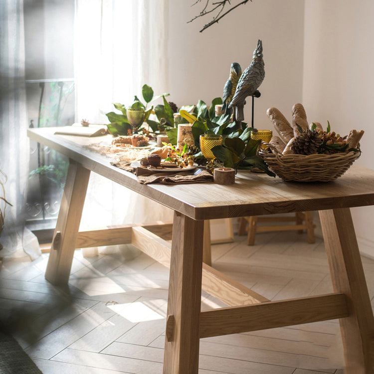 Modern Khaki Kitchen Dining Table Solid Wood Rectangle Shape Dining Table with Trestle Base