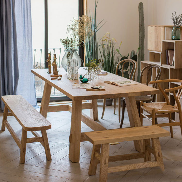 Modern Khaki Kitchen Dining Table Solid Wood Rectangle Shape Dining Table with Trestle Base