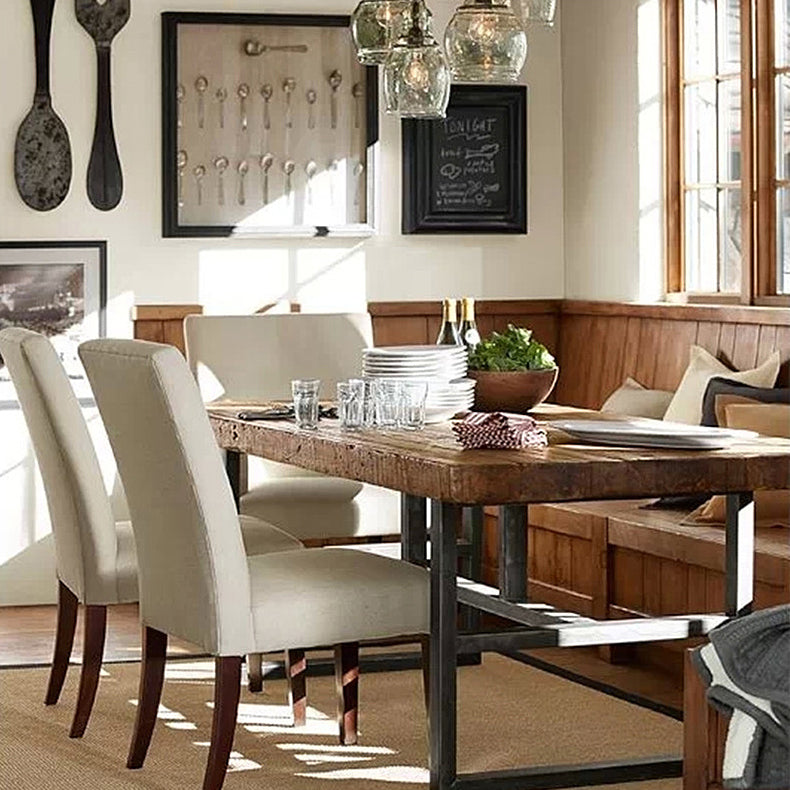Contemporary Brown Kitchen Dining Table Rectangle Solid Wood Dining Table with Trestle Base
