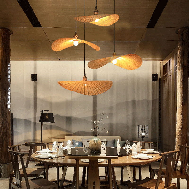 1-Light Beige Bamboo Suspended Lighting Fixture Japanese Pendant Light Kit