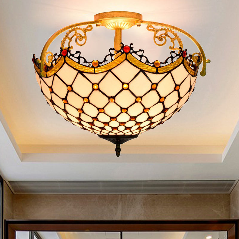 3 Lights Scalloped Semi Flush Light Baroque Beige Stained Glass Ceiling Mount for Corridor