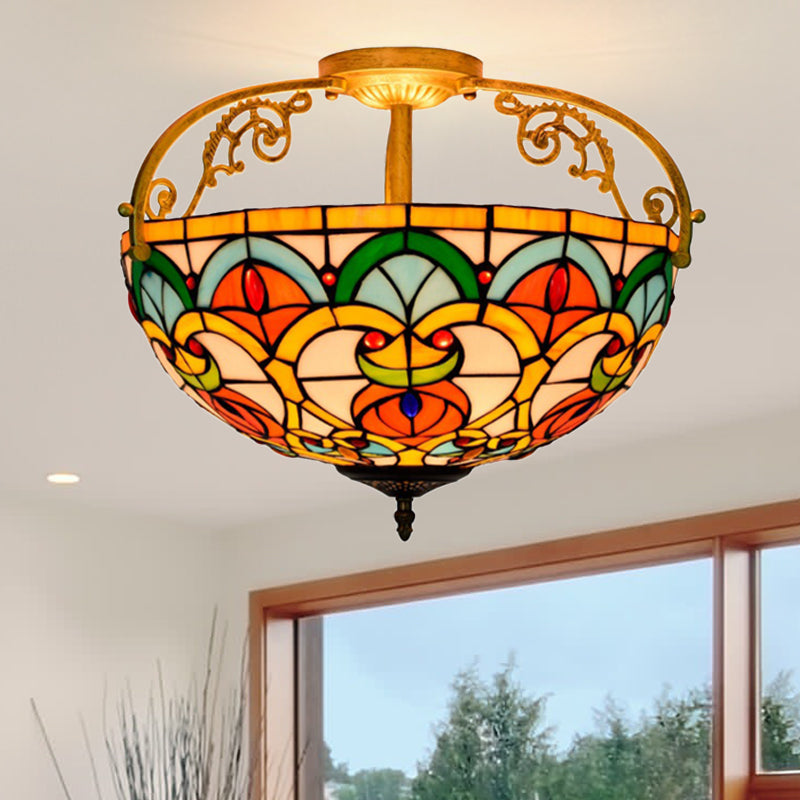 3 Lights Semi-Flush Lighting Mediterranean Domed Cut Glass Ceiling Fixture in Orange