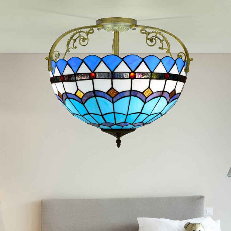 3 Lights Kitchen Semi Flush Ceiling Light Tiffany Yellow/Brown/Blue Lighting Fixture with Bowl Stained Art Glass Shade