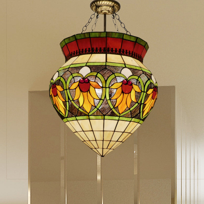 Green 3 Lights Semi Flush Mount Light Tiffany Style Stained Glass Flower Ceiling Lighting for Corridor