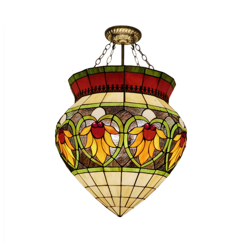 Green 3 Lights Semi Flush Mount Light Tiffany Style Stained Glass Flower Ceiling Lighting for Corridor