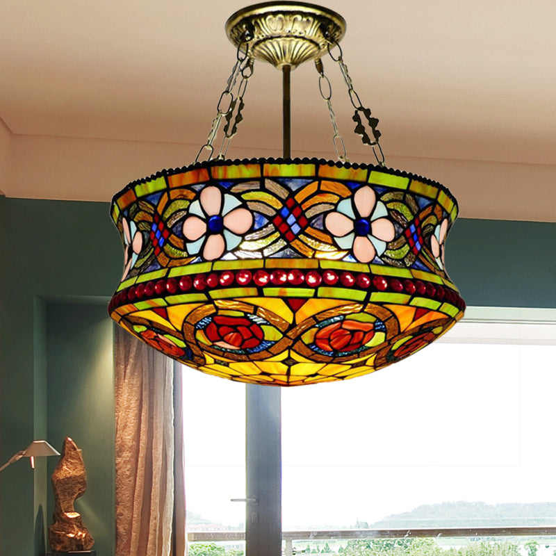 Blossom Semi Mount Lighting Victorian Stained Art Glass 5 Lights Brown Ceiling Fixture for Bedroom