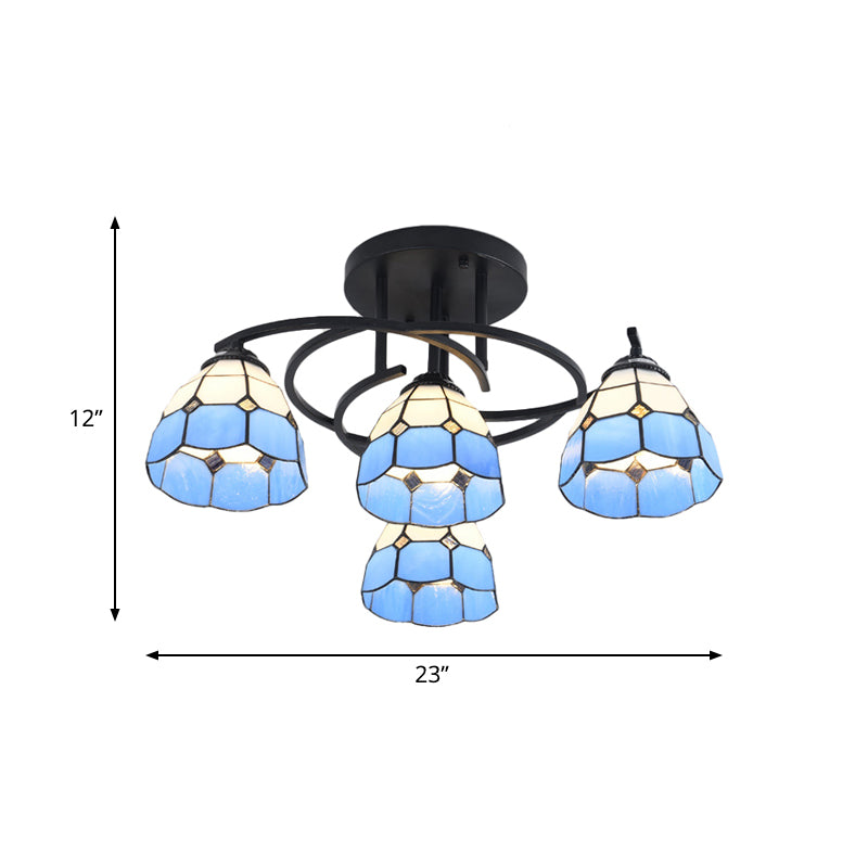 4 Lights Bedroom Semi Flush Mount Light Mediterranean Black Ceiling Lamp with Cone/Dome White/Beige/Blue Glass Shade