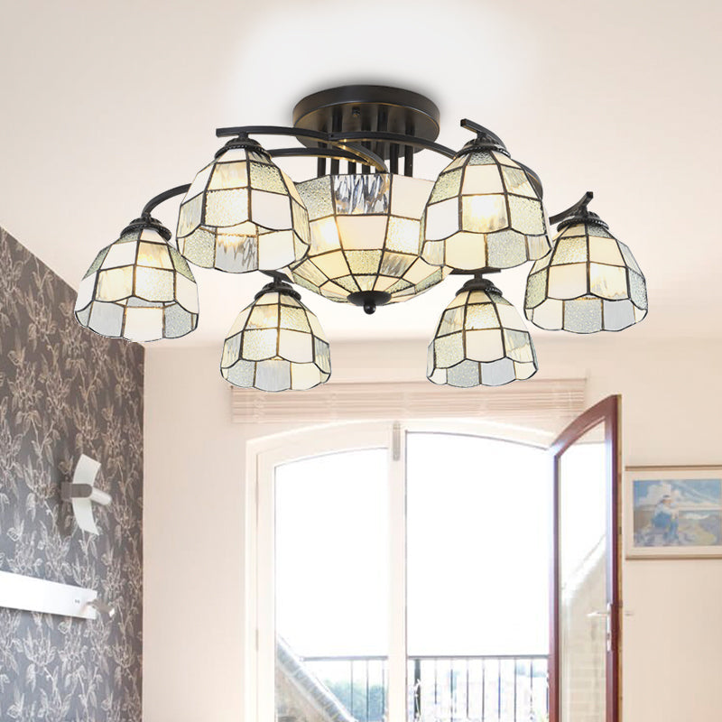 Frosted Glass White/Yellow/Blue Semi-Flush Mount Light Domed/Cone/Bell 9/11 Lights Tiffany Style Ceiling Fixture for Living Room