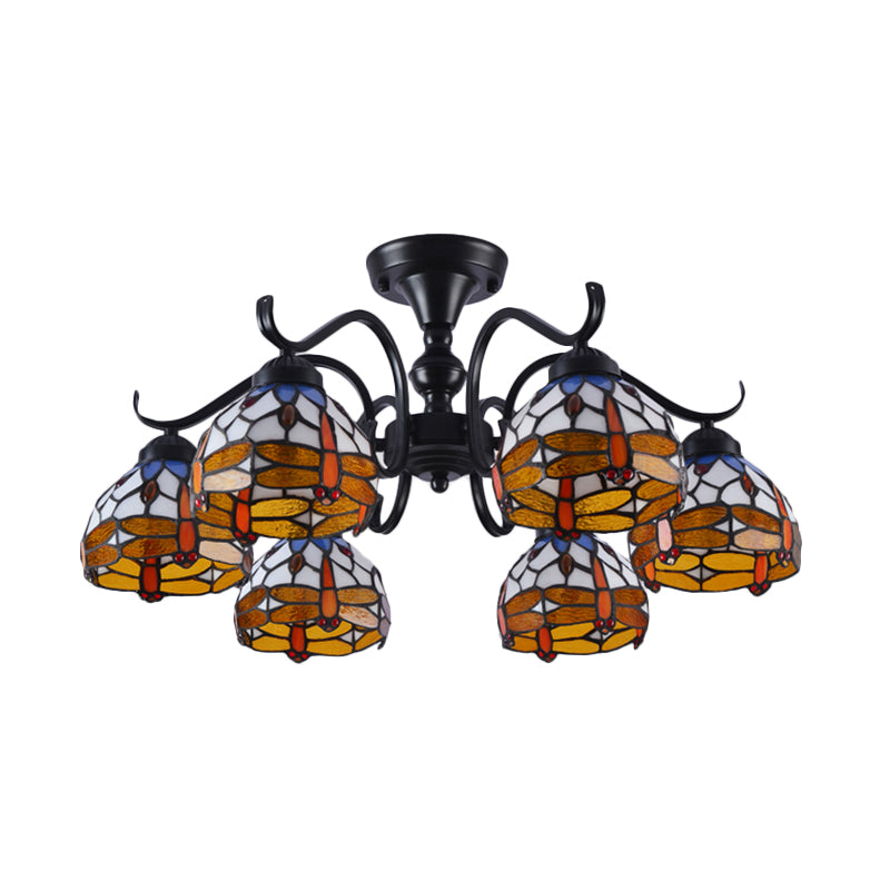 13"/19.5" H Dragonfly Semi-Flush Mount 6 Lights Cut Glass Mediterranean Ceiling Mounted Fixture in Black