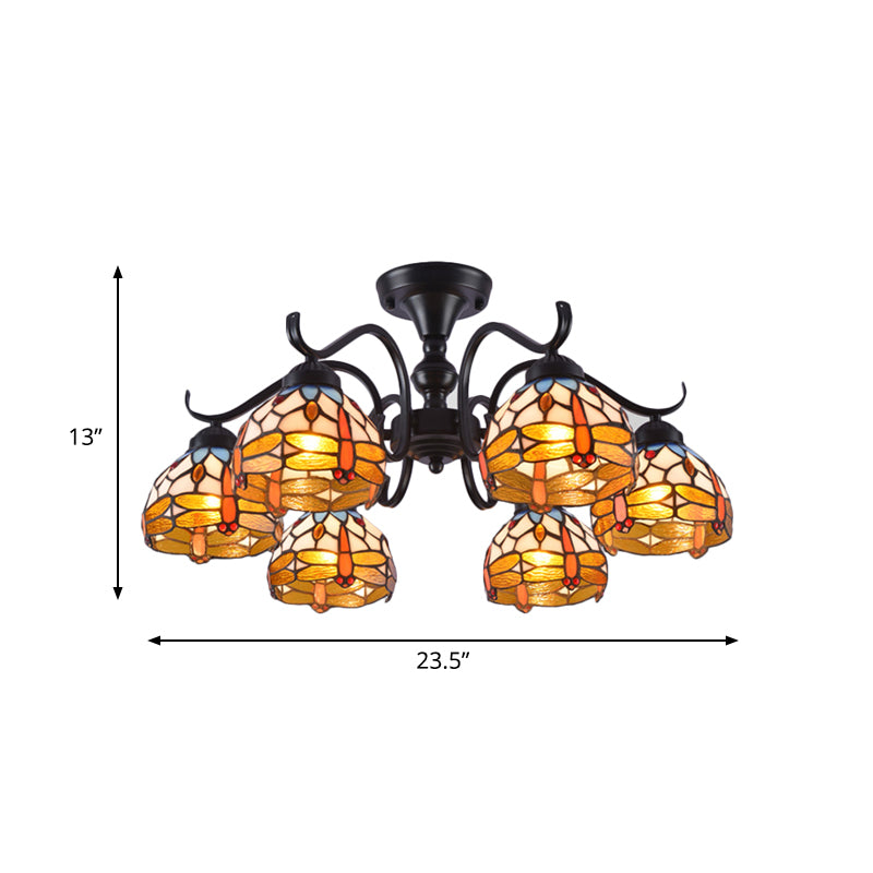 13"/19.5" H Dragonfly Semi-Flush Mount 6 Lights Cut Glass Mediterranean Ceiling Mounted Fixture in Black