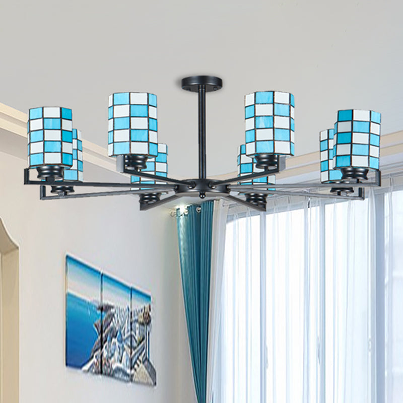 Stained Glass Black/White Semi Mount Lighting Cylinder 3/6/8 Lights Baroque Ceiling Mounted Light
