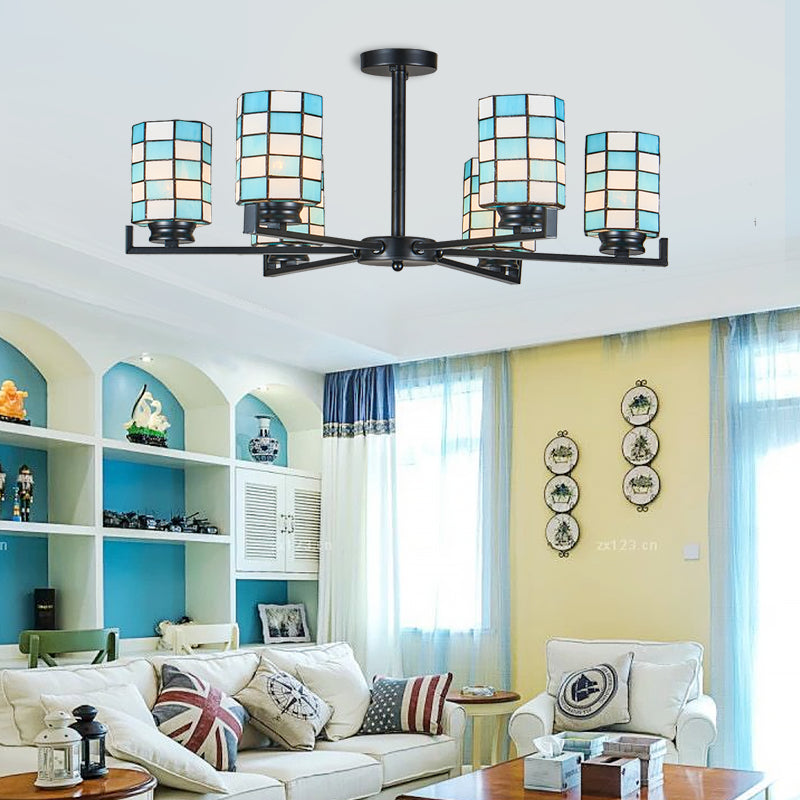 Stained Glass Black/White Semi Mount Lighting Cylinder 3/6/8 Lights Baroque Ceiling Mounted Light