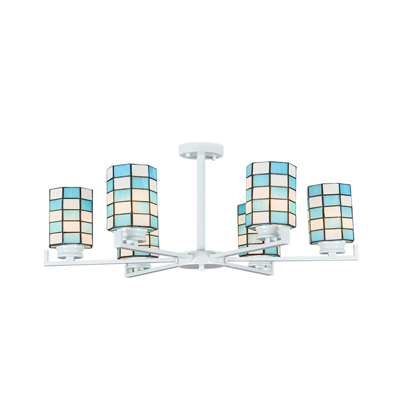 Stained Glass Black/White Semi Mount Lighting Cylinder 3/6/8 Lights Baroque Ceiling Mounted Light