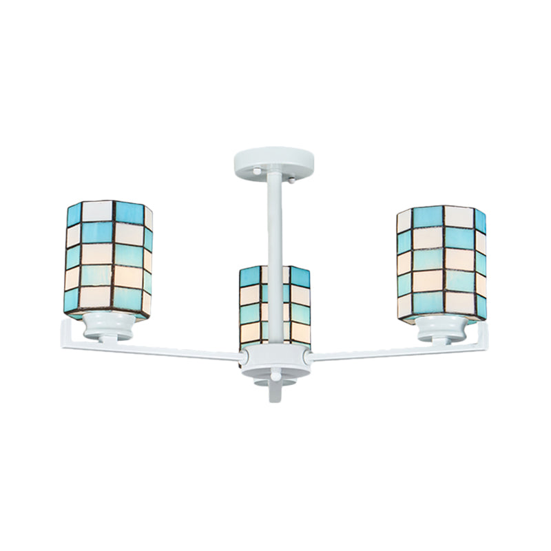 Stained Glass Black/White Semi Mount Lighting Cylinder 3/6/8 Lights Baroque Ceiling Mounted Light