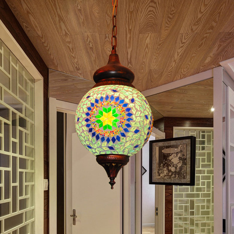 1 Bulb Orb Pendant Light Traditional Green Stained Glass Hanging Lamp for Living Room