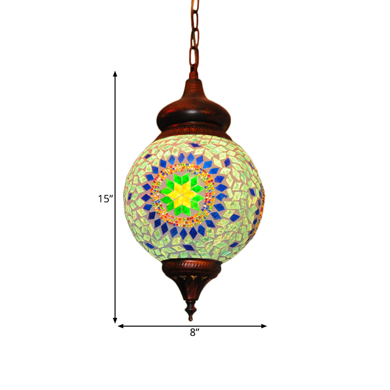 1 Bulb Orb Pendant Light Traditional Green Stained Glass Hanging Lamp for Living Room