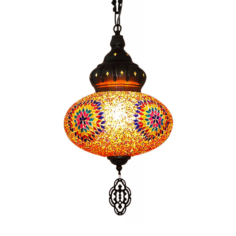 Oval Cut Glass Suspension Light Turkish 1 Bulb Restaurant Pendant Lamp in Orange