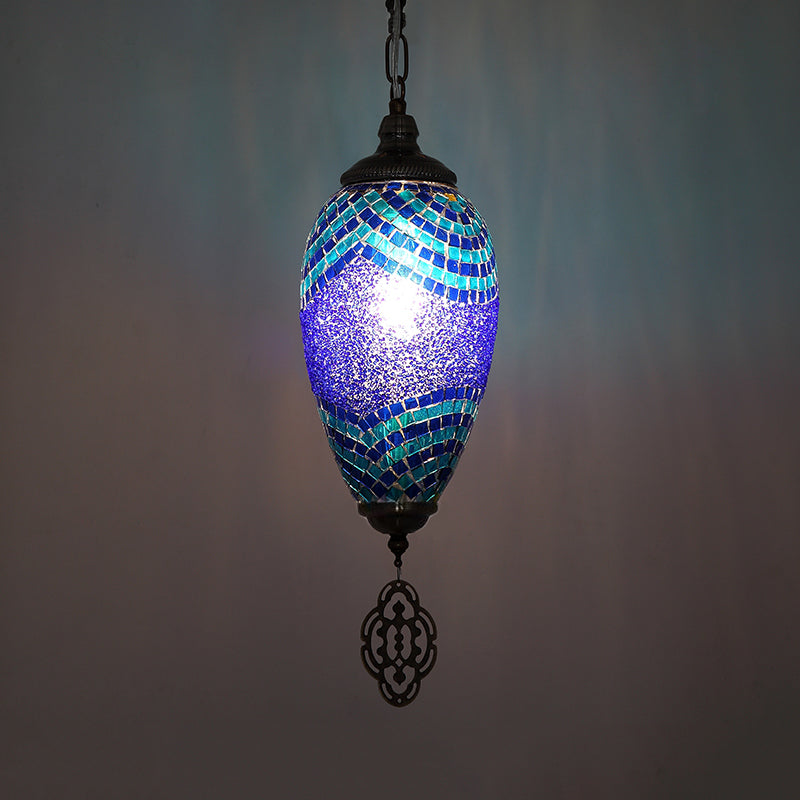 Traditionele druppel hanglamp 1 kop gebrandschilderde glazen plafondlicht in blauw en paars