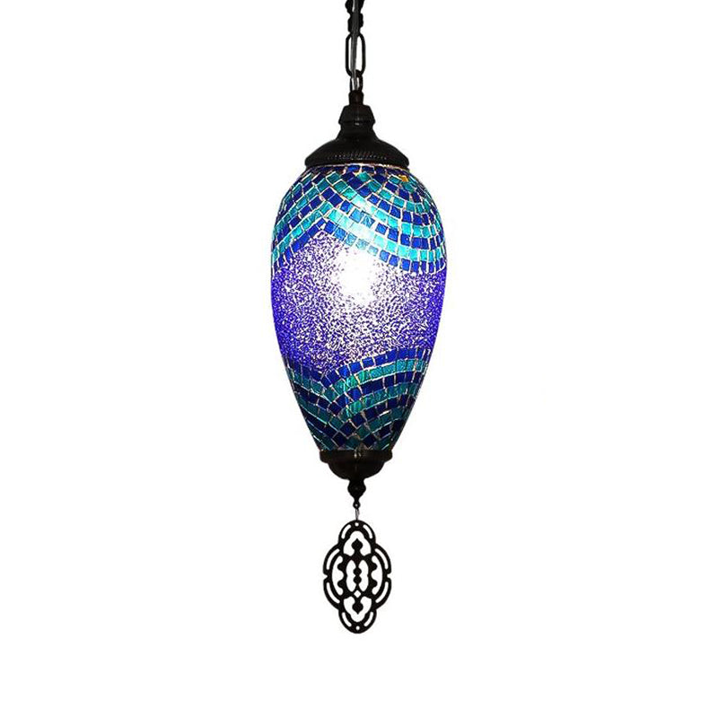 Traditionele druppel hanglamp 1 kop gebrandschilderde glazen plafondlicht in blauw en paars
