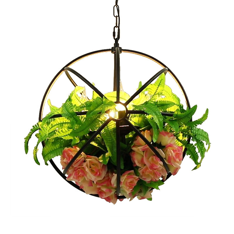 Antique Global Hanging Chandelier 4 Bulbs Metal LED Rose Pendant Light Fixture in Black