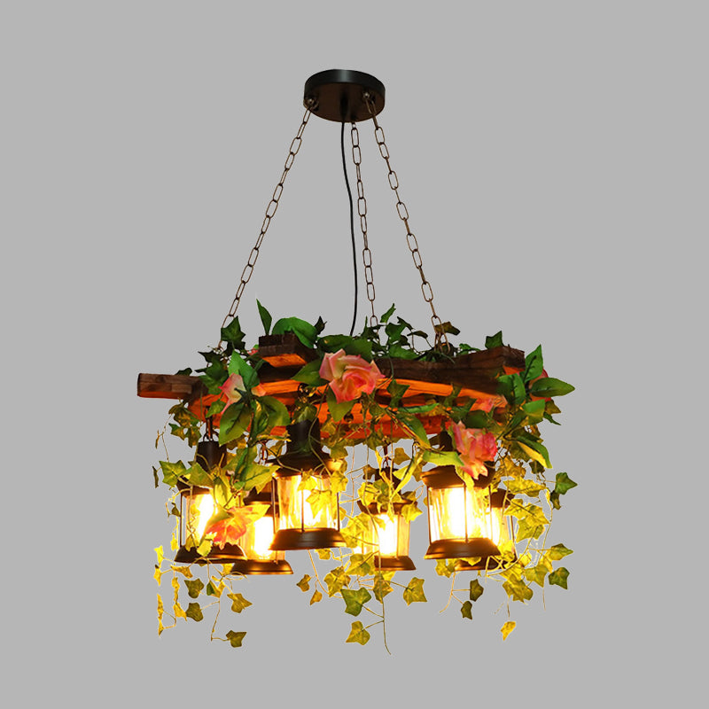 Metal Rudder Chandelier Light Fixture Antique 6 Heads LED Restaurant Pendant Lamp in Green with Plant Decoration