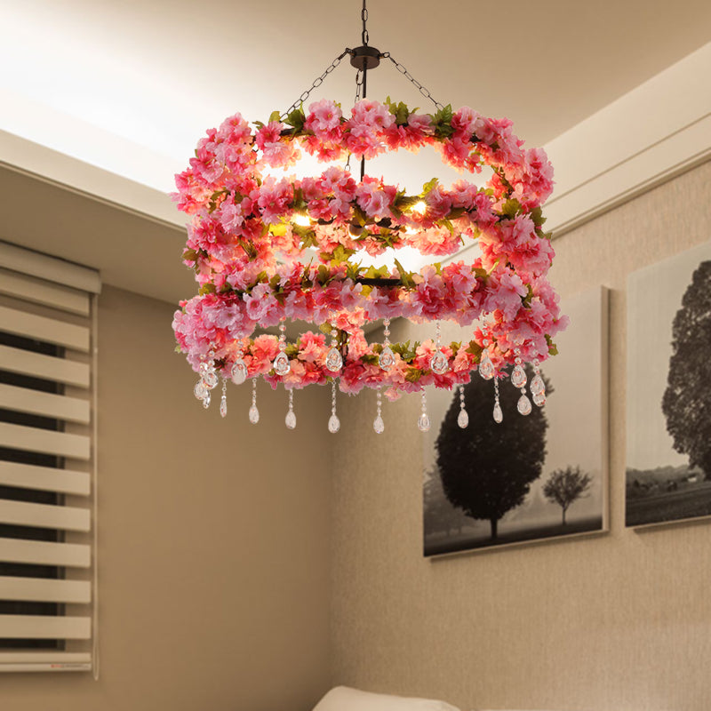 Vintage Round Chandelier Lamp 6 Bulbs Metal LED Flower Ceiling Pendant Light in Pink with Crystal Accent