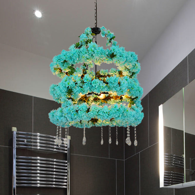 Blue 5 Heads Chandelier Lighting Vintage Metal Flower LED Suspension Pendant with Crystal Accent