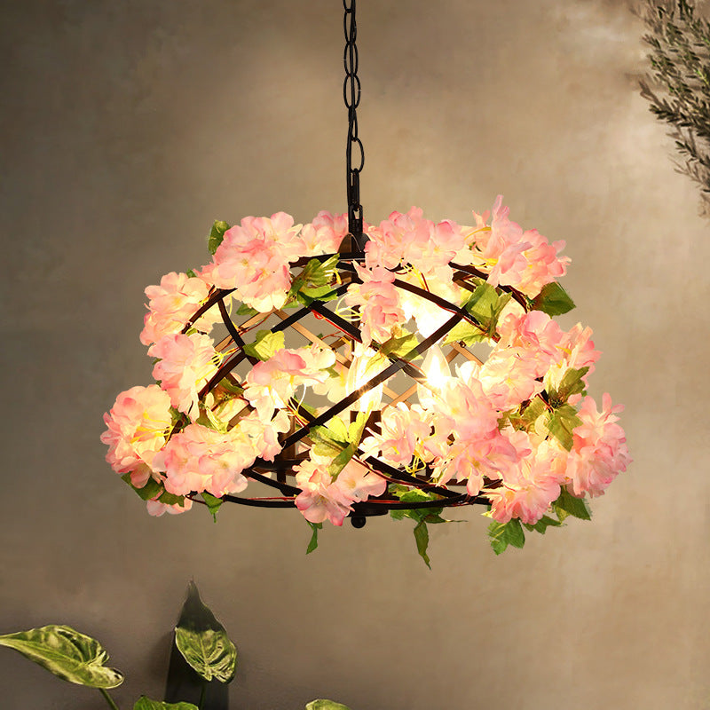 3 Bulbs Chandelier Light Industrial Bird Nest Metal LED Suspension Lamp in Pink with Cherry Blossom