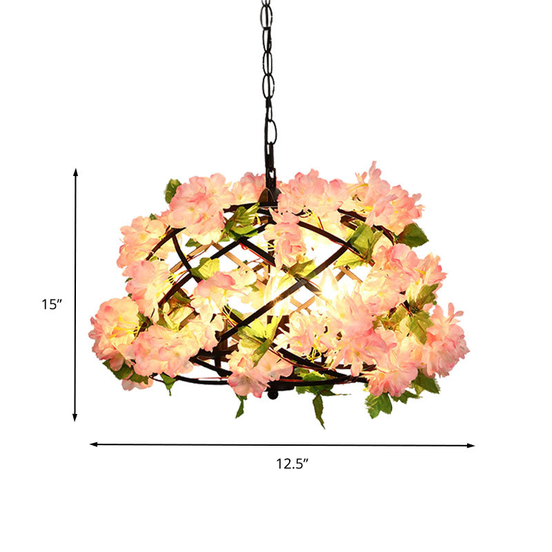 3 Bulbs Chandelier Light Industrial Bird Nest Metal LED Suspension Lamp in Pink with Cherry Blossom