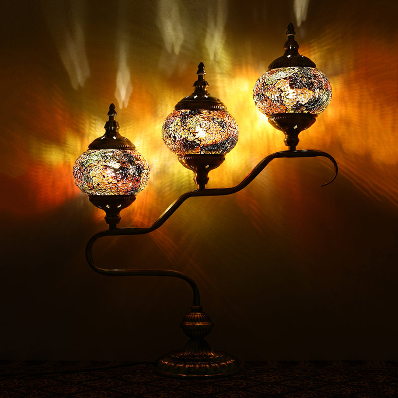 3 Heads Stained Glass Night Light Mediterranean Red/Orange/Blue Tower Bedroom Table Lamp with Step Design