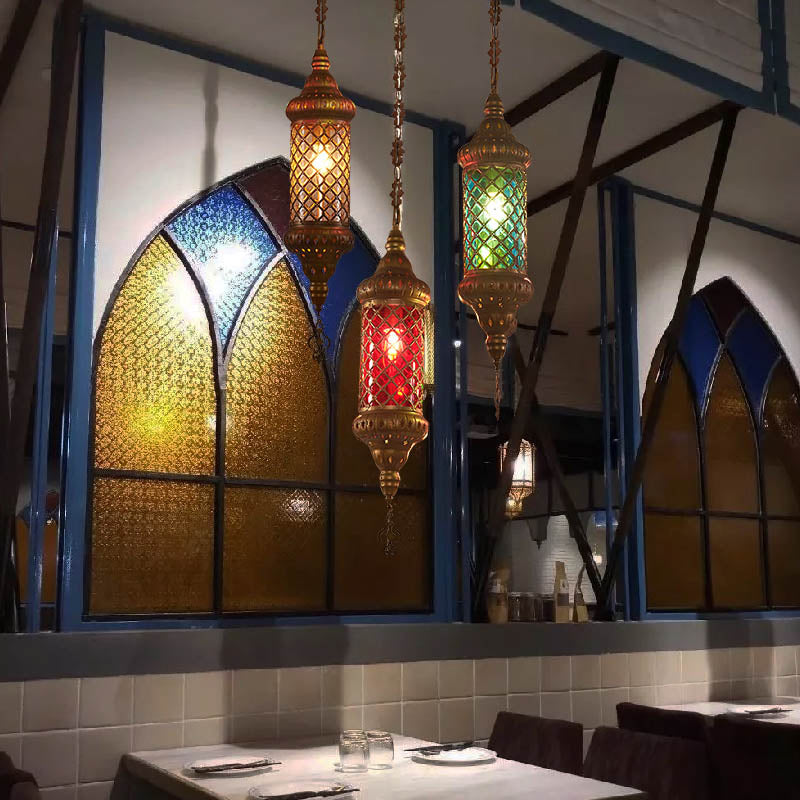 1 bol lantaarn hangende hanglamp traditioneel rood/geel/blauw glazen plafond suspensielamp voor restaurant