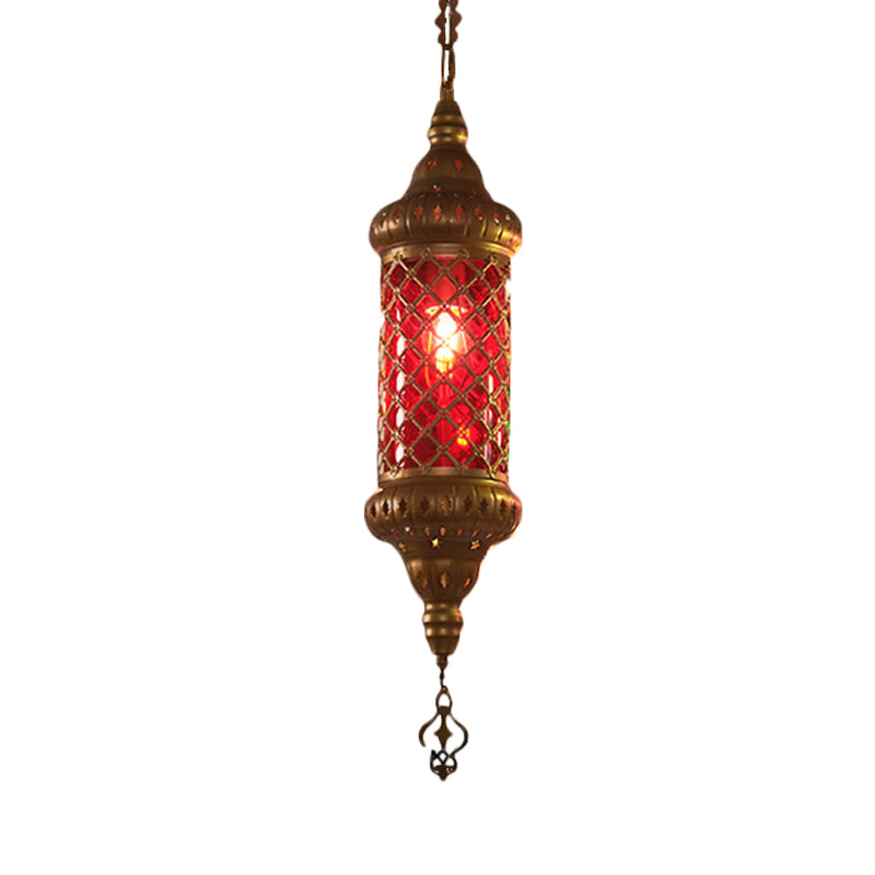 1 Bulb Lantern Hanging Pendant Light Traditional Red/Yellow/Blue Glass Ceiling Suspension Lamp for Restaurant