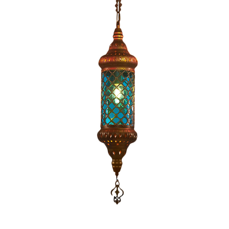 1 Bulb Lantern Hanging Pendant Light Traditional Red/Yellow/Blue Glass Ceiling Suspension Lamp for Restaurant