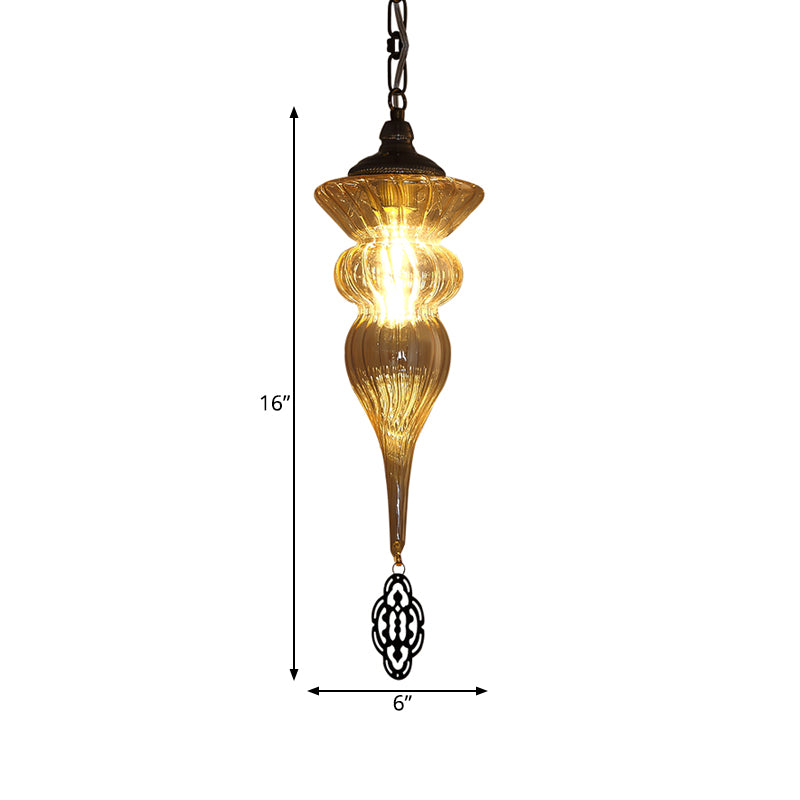 Vintage Urn Drop Lamp 1 Head Prismatic Amber Glass Pendant Ceiling Light in Brass for Restaurant