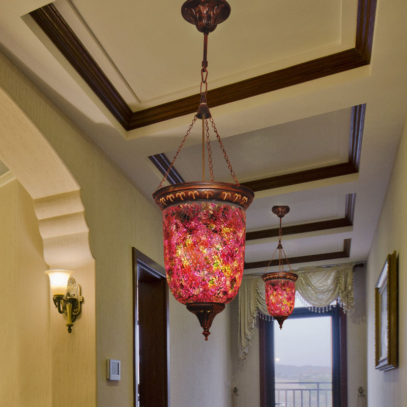 Cut Glass Red Hanging Light Urn 1 Light Vintage Down Lighting Pendant for Hallway