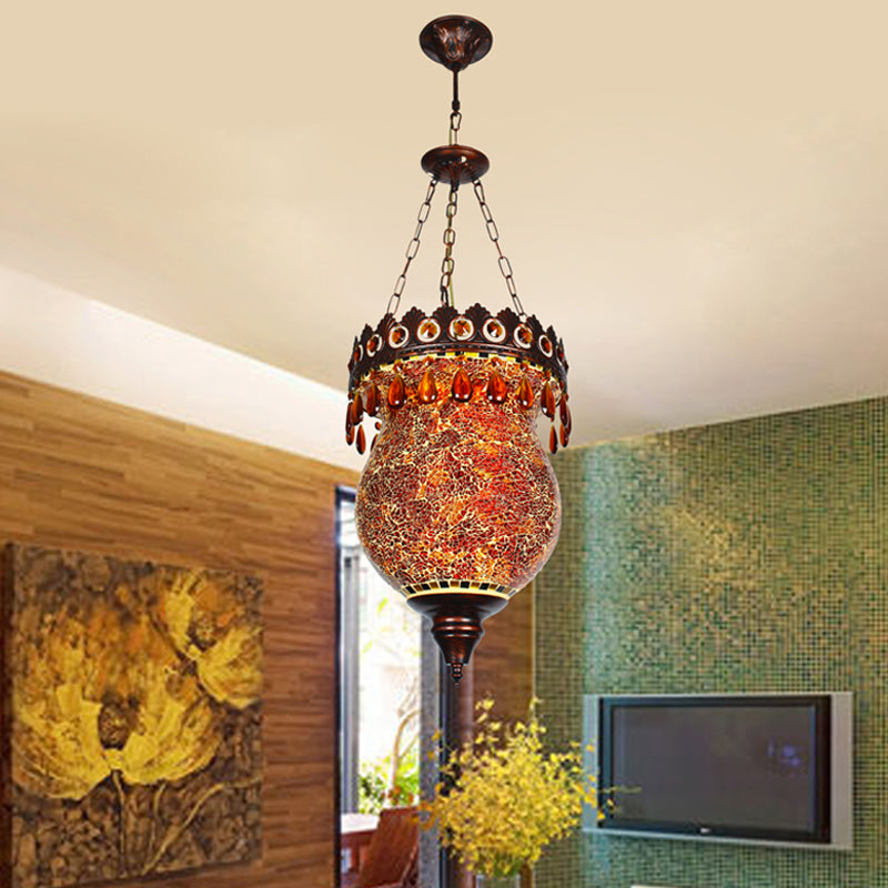 Copper Urn Down Lighting Pendant Retro Hand Cut Glass 1 Light Living Room Ceiling Suspension Lamp