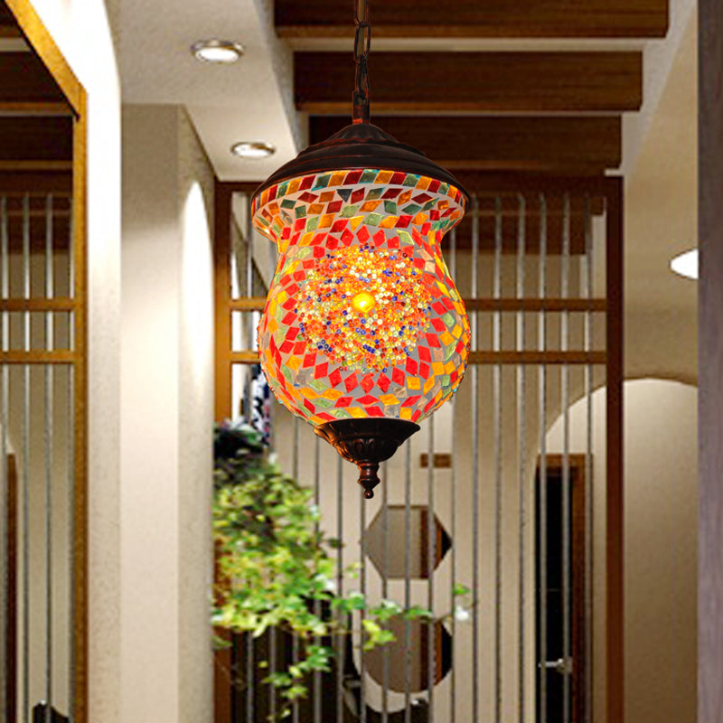 1 Head Urn Pendant Lamp Traditional Copper Stained Art Glass Hanging Light Fixture for Foyer