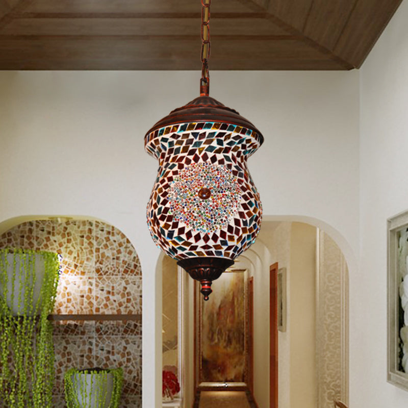 1 Head Urn Pendant Lamp Traditional Copper Stained Art Glass Hanging Light Fixture for Foyer