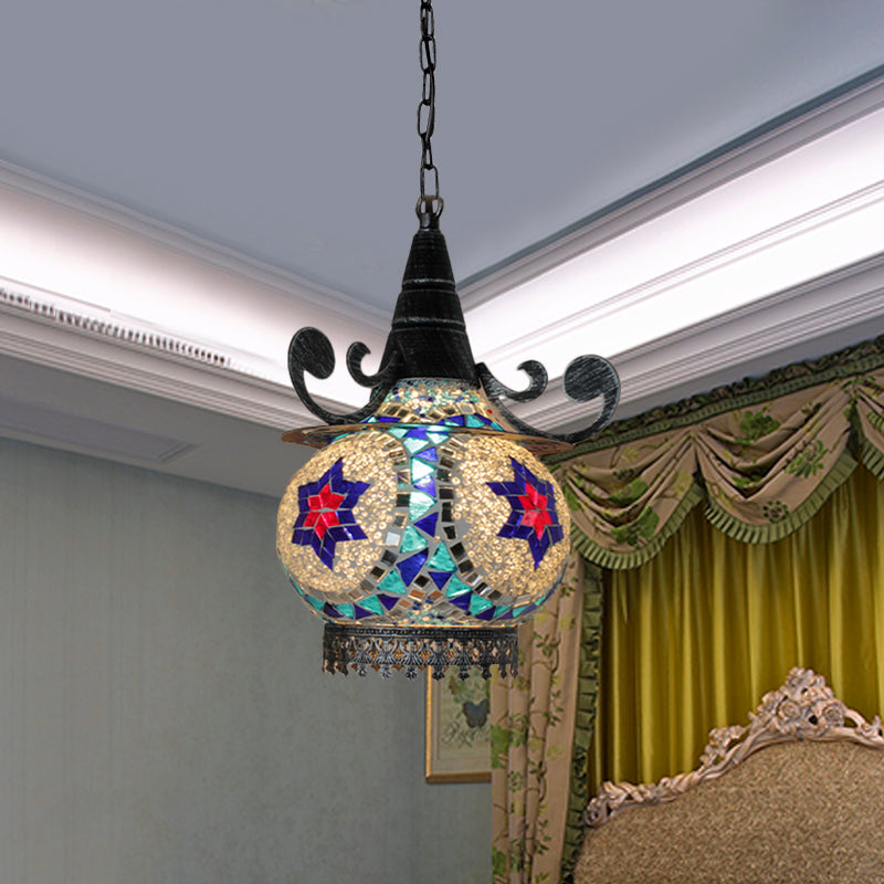 Lámpara de caída de bola de bohemia 1 cabeza de techo colgante de vidrio manchado a mano en beige/amarillo/verde
