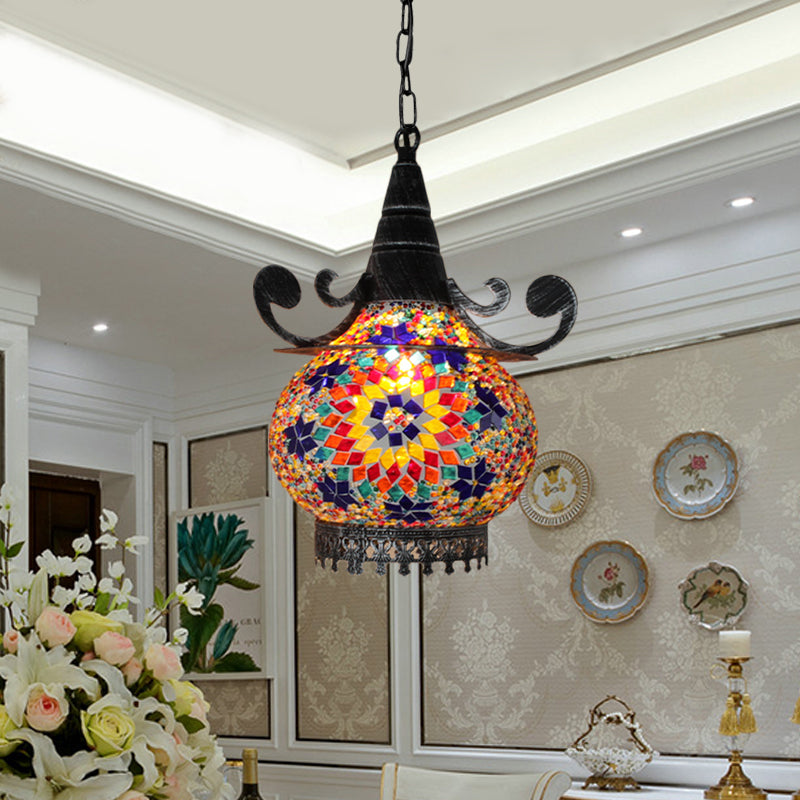 Bohemia Ball Drop Lamp 1 Head Handcrafted Stained Glass Pendant Ceiling Light in Beige/Yellow/Green