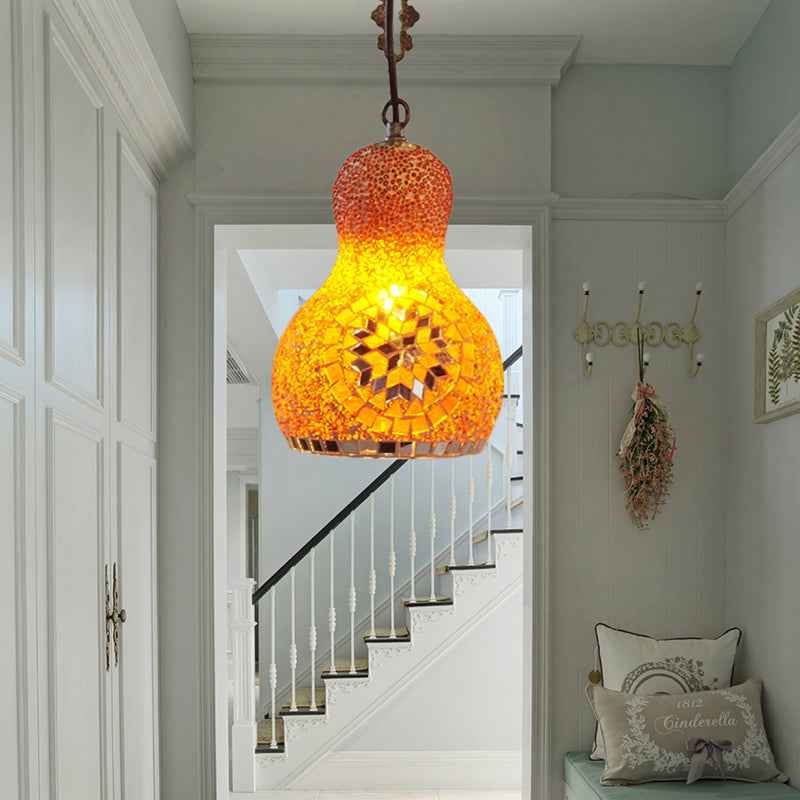 Cut Glass Gourd Hanging Light Fixture Turkish 1 Light Restaurant Ceiling Pendant in Yellow/Orange/Green