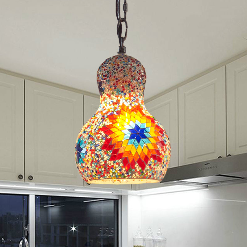 Cut Glass Gourd Hanging Light Fixture Turkish 1 Light Restaurant Ceiling Pendant in Yellow/Orange/Green